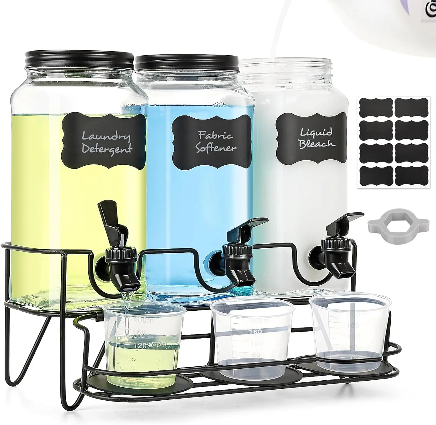 3 Sets 2.2L Liquid Laundry Detergent Dispenser, Glass Laundry Soap Dispenser with Stand, Measuring Cup, Fabric Softener Dispenser for Laundry Room Organization