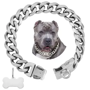 19mm Silver Chain Dog Collar, Luxurious Cuban Link Dog Collar with Secure Snap Buckle,for Large Pitbulls(18" Silver)