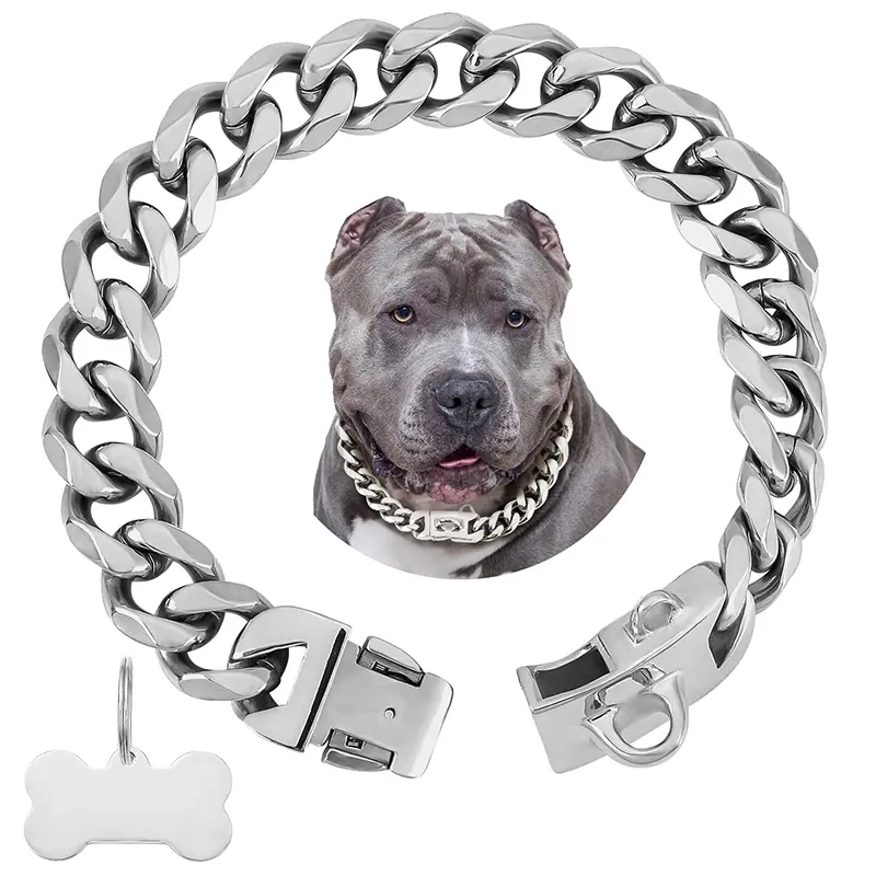 19mm Silver Chain Dog Collar, Luxurious Cuban Link Dog Collar with Secure Snap Buckle,for Large Pitbulls(18" Silver)