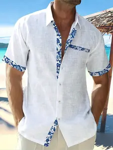 Men’s linen short-sleeve shirt with color blocking, suitable for summer and beach wear, featuring a loose button design and a solid white pattern, ideal for vacations. Floral Outdoor, Shortsleeve tiktokshopspringglowup