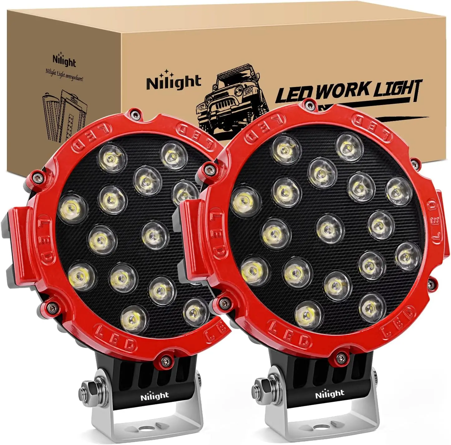 Nilight 2PCS 7in 51W Round Spot LED Work Lights - 5100LM Red Offroad Pods with Bright White Driving Function, Aluminum Waterproof Design, Mount Brackets, Easy Installation, LED Light Bar for Truck SUV Bumper Aftermarket Vehicle Accessories, Offroad Lighti