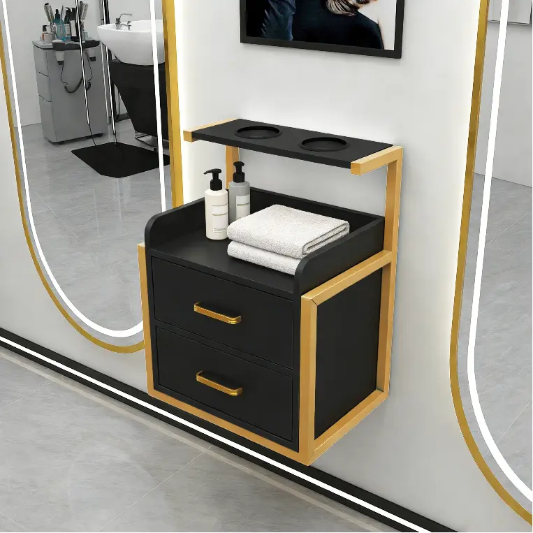 CNCEST 15.75in Black and Gold Rectangular Metal Frame Pre-Assembled Wall-Mount Salon Cabinet - 2-Drawers Salon Equipment, Hair Dryer Holder, Storage Organizer for Stylists, Bathrooms