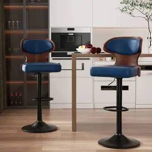 Bar Stools Set Of 2 Seat Adjustable Height 24.5-33.5IN - Bentwood Swivel Barstools With Back & Footrest - PU Leather Upholstered Bar Chair For Bar, Kitchen, Dining Room Curved Kids Metal Plush Rocking Horse