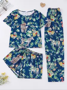 Women's Animal Print Sleepwear Set Loungewear, Deep Blue Base Leopard Zebra Flamingo Leaf Floral Plant Prints, Casual All-Season Pajamas & Home Wear