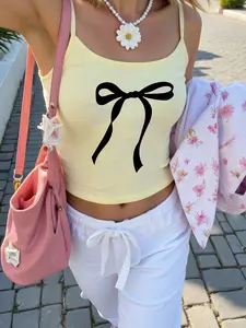 Women's Bow Print Bodycon Tank Top, Sweet Spicy Sleeveless Design, Casual Beach Vacation Style, All Seasons Wear