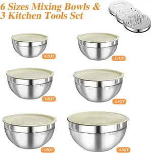 6 Piece Mixing Bowl with Lids Set,Stainless Steel Storage Bowls Kitchen,3 Grinder Attachments,Tableware Food Organizer Nesting Bowls Cooking Baking Airtight