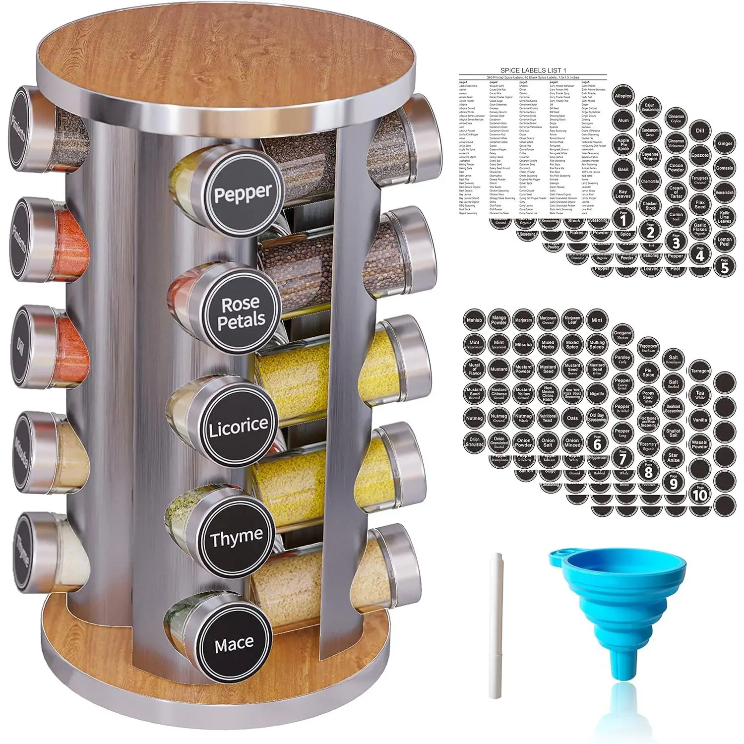 summerwins New England Stories 20-Jar Stainless Steel Smooth Canister Rotatable Spice Rack - Durable Space-Saving Countertop Spice Shelf, 360° Rotating Multilayer Organizer with 386 Labels for Pantry Home Kitchen Decor