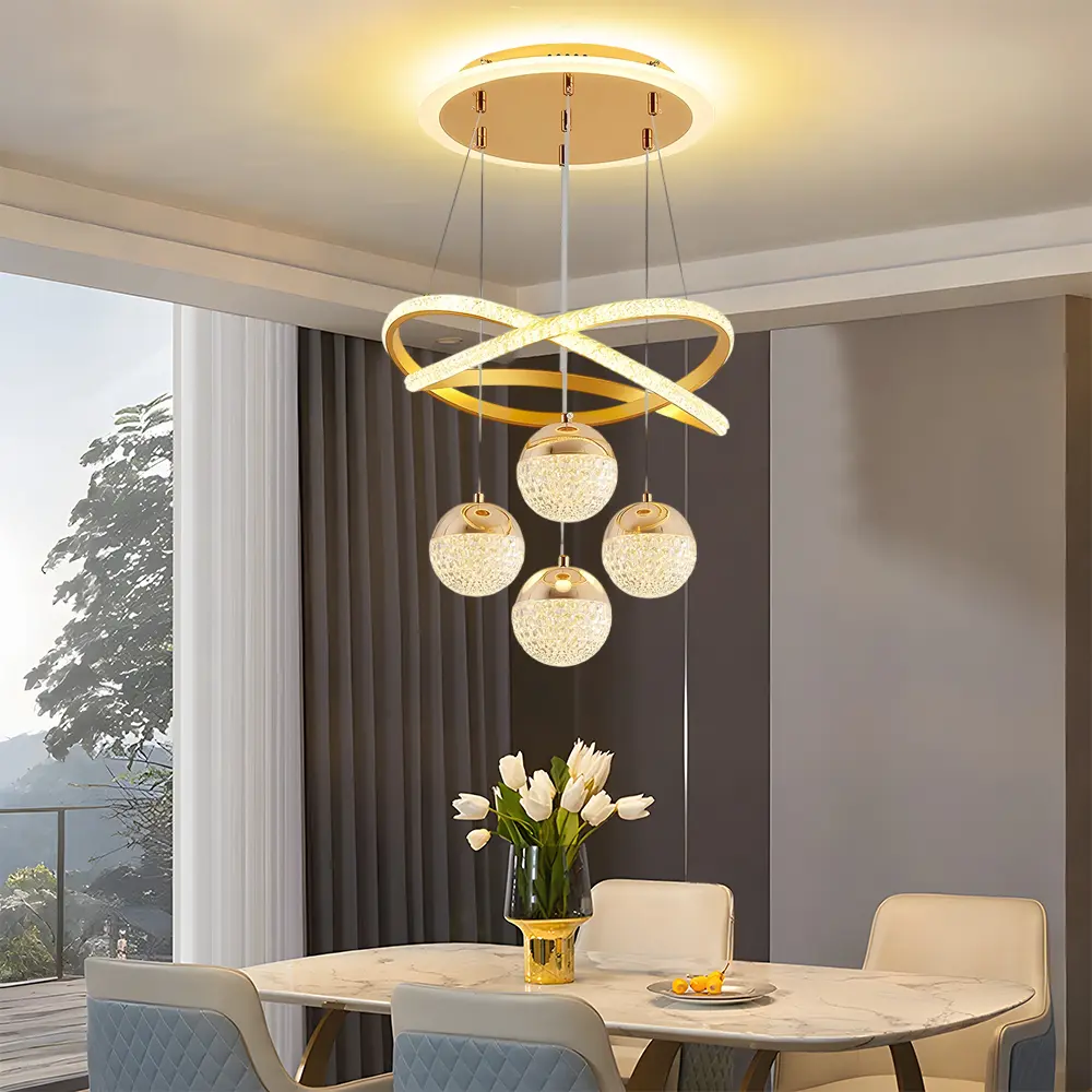 [Adjustable Height] Modern Golden LED Restaurant Lamp, 3-Color Dimmable, 4-Balls Chandeliers, For Kitchen Island, Living Room, Bedroom, Dining Room, Party Interior Decoration