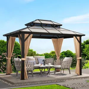Garvee 10'x12' Hardtop Gazebo, Outdoor Polycarbonate Double Roof Canopy, Aluminum Frame Permanent Pavilion with Curtains and Netting, Sunshade for Garden, Patio, Lawns