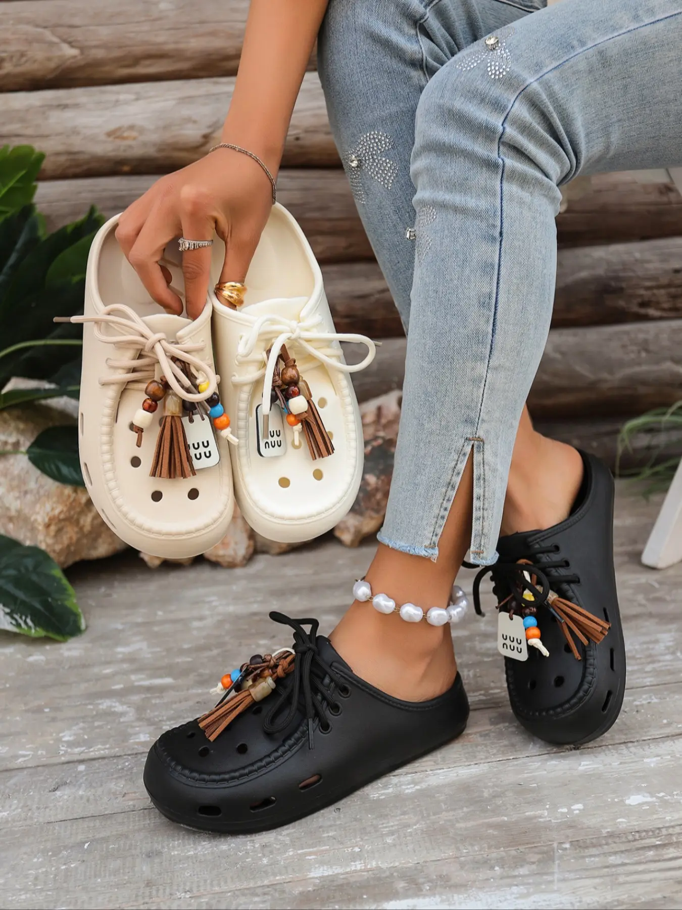 Beaded Tassel Lace-Up Closed-Toe Clogs, Soft Non-Slip Breathable Casual Slides