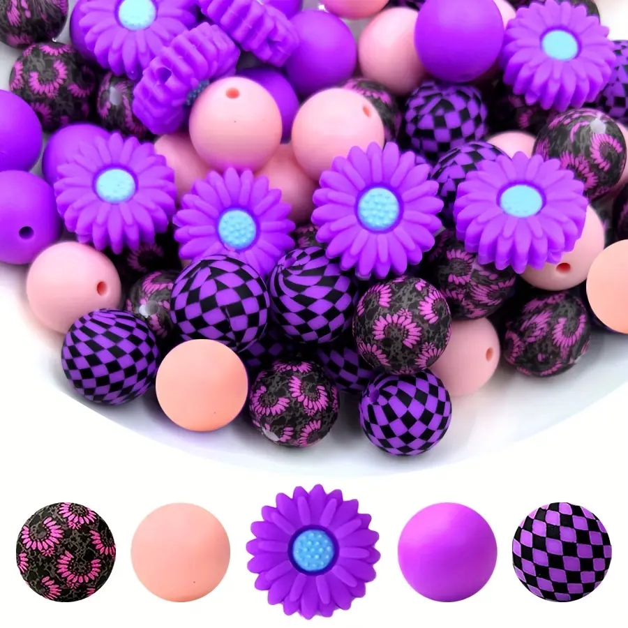 50 pieces of silicone flower-shaped beads, suitable for DIY handicrafts, keychains, bracelets, necklaces - purple sunflower design