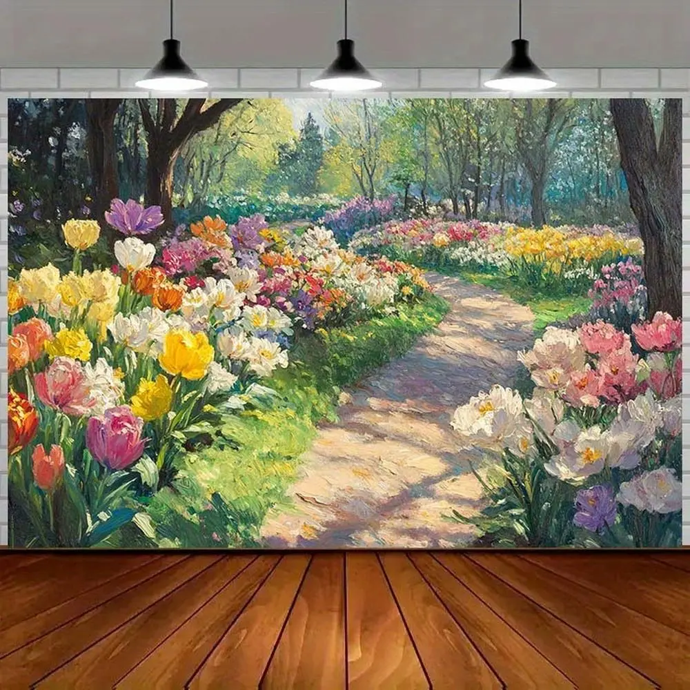 Vibrant Tulip Pathway Wall Mural Backdrop - 1pc Polyester Fabric Banner, Sunlit Flowers & Greenery for Spring Celebrations, Happy Birthday Decor