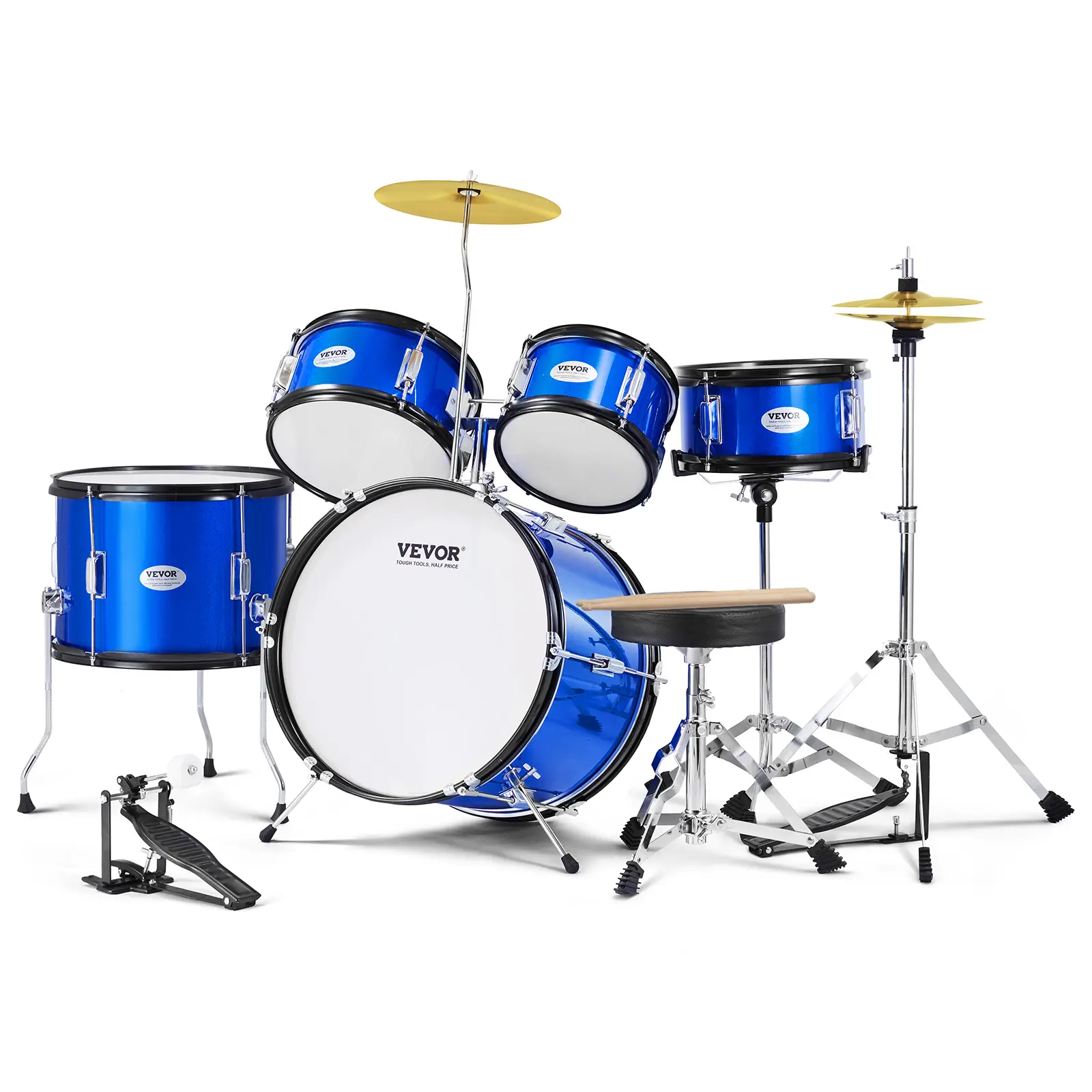 VEVOR Kids Drum Set,  5-Piece, 16 in Beginner Full Drum Set with Bass Toms Snare Floor Drum Adjustable Throne Cymbal Hi-Hat Pedal and Two Pairs of Drumsticks, Starter Drum Kit for Child Kids, Blue