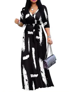 Elegant V-Neck Floral Dress with Belt, Long Fitted Three Quarter Sleeve, Perfect for Parties, Holidays, Graduation, Cocktail Events