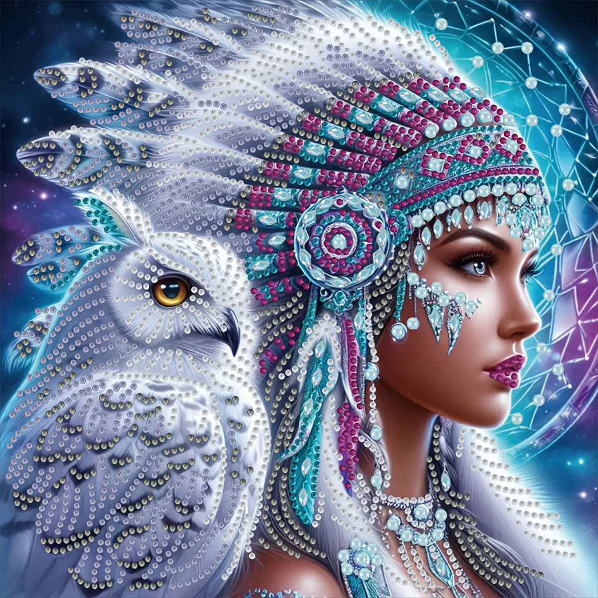 Summerwins 5D DIY Special-Shaped Crystal Mosaic Handicraft Kit - Native American Woman & White Owl Art, Frameless, 1 Diamond Pen, 1 Glue, 1x Diamond Tray, Craft Supplies, Decorative Gift for Adults, Home Decor