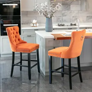 Contemporary Velvet Barstools Set of 2 with Button Tufted Decoration Wooden Legs Chrome Nailhead Trim Leisure Style Bar Chairs Multiple Colors