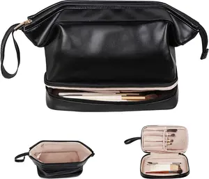 Toiletry and Makeup Bag With Brush Compartment Sleek PU Leather Design Compact 9.4x5.5x6 Inch Perfect for Travel Gym and Everyday Beauty Organization