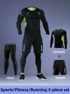 Men's 3 Piece with Compression Breathable Long Sleeve Top, Quick-Dry Tight Pants and Reflective Pocket Shorts, Elastic Fiber Running Training Fitness Compression Clothing for Spring Summer Fall