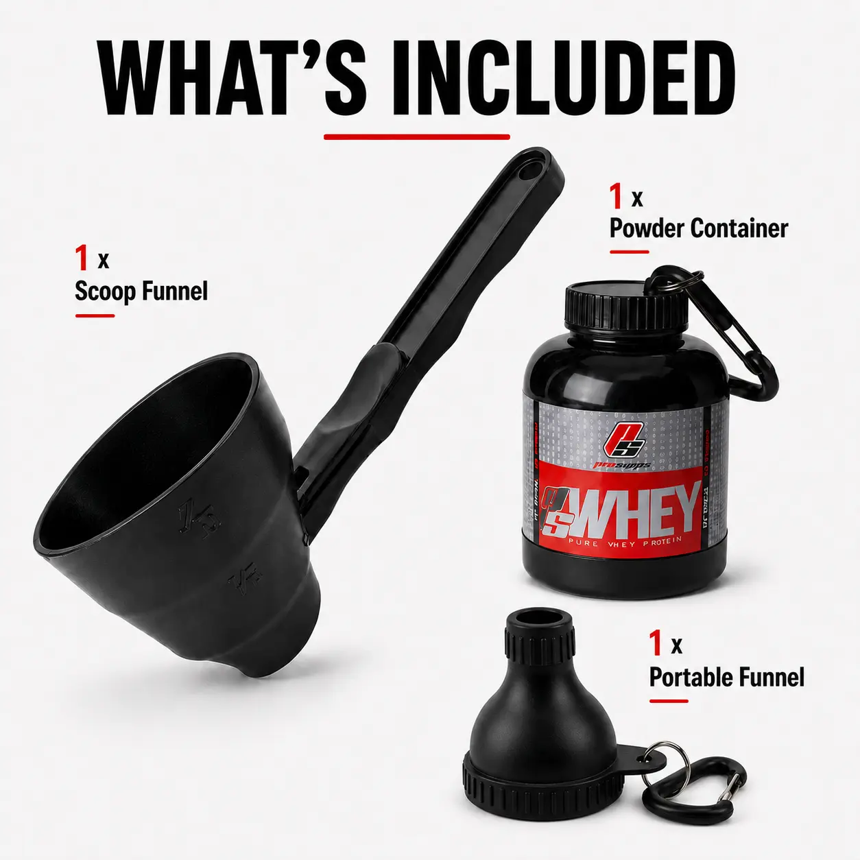 Compact Protein Powder Scoop & Mini Whey Container Kit - Travel-Ready Supplement Storage Set with Carabiner Clip, Funnel-Shape Mess-Free Shaker Bottle Tool (Includes Scoop, Container, Carabiner) campingessentials