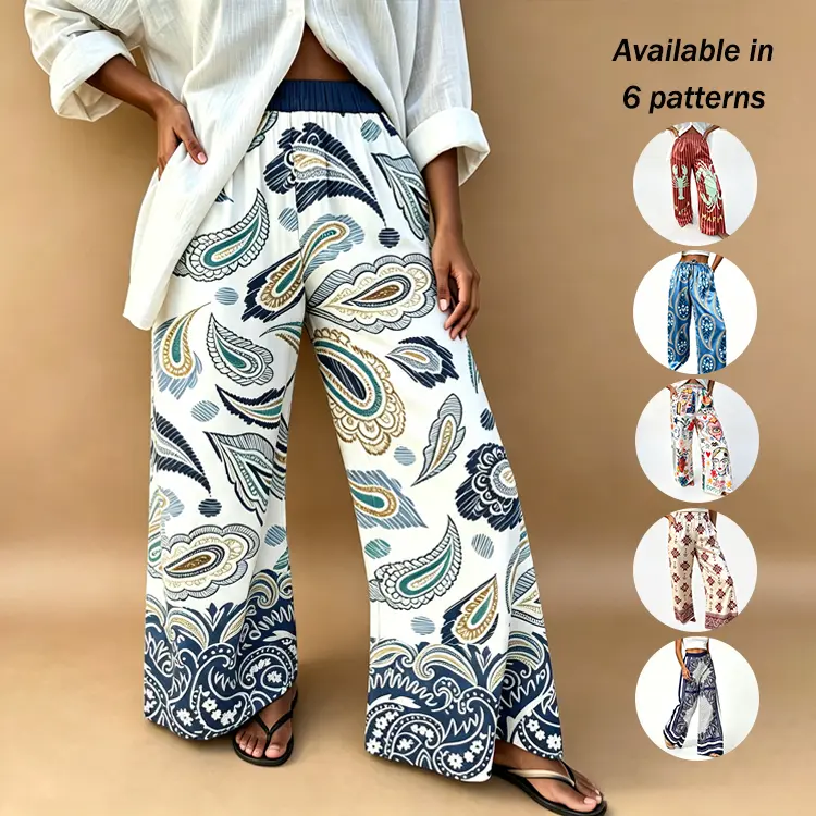 Women's Wide-Leg Pants in a Bohemian Paisley Print, Exotic Satin Bottoms with an Elastic High Waist and Pockets for Everyday Wear, Piece, Aesthetics, Elegant, Soft, Retro, Fabric