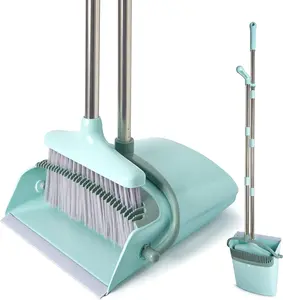Household Broom Set, Broom and Dustpan Set with Cleaning Teeth, 55" Long Handle Indoor Sweeping Combo for Home Office Kitchen, Bluish Green