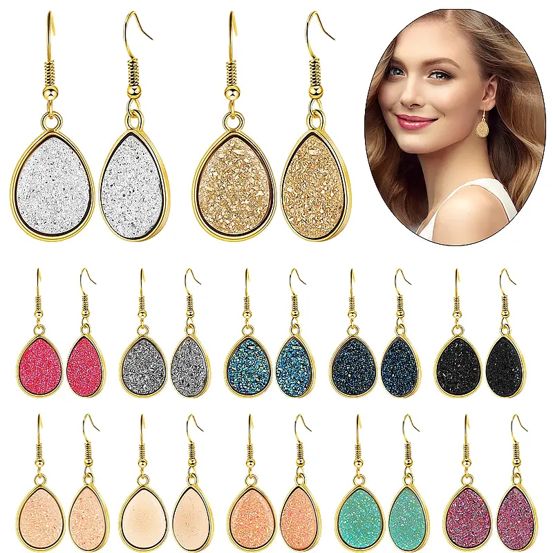 12 Pairs Women's Faux Druzy Drop Dangle Earrings Set, Crystal Pendant Stainless Steel Multicolor Fashion Jewelry for Christmas Party Home Hanging Decor