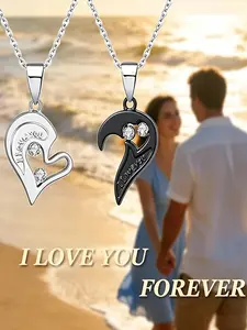 Couples Matching Heart Puzzle Necklace Set, Hypoallergenic, "I Love You" Engraved, Cubic Zirconia Inlaid, Romantic Promise Jewelry, Ideal Gift for Boyfriend Girlfriend, Anniversary, Valentine's Day, Gift for Him/Her, Couple Aesthetic, Anniversary Jewelry