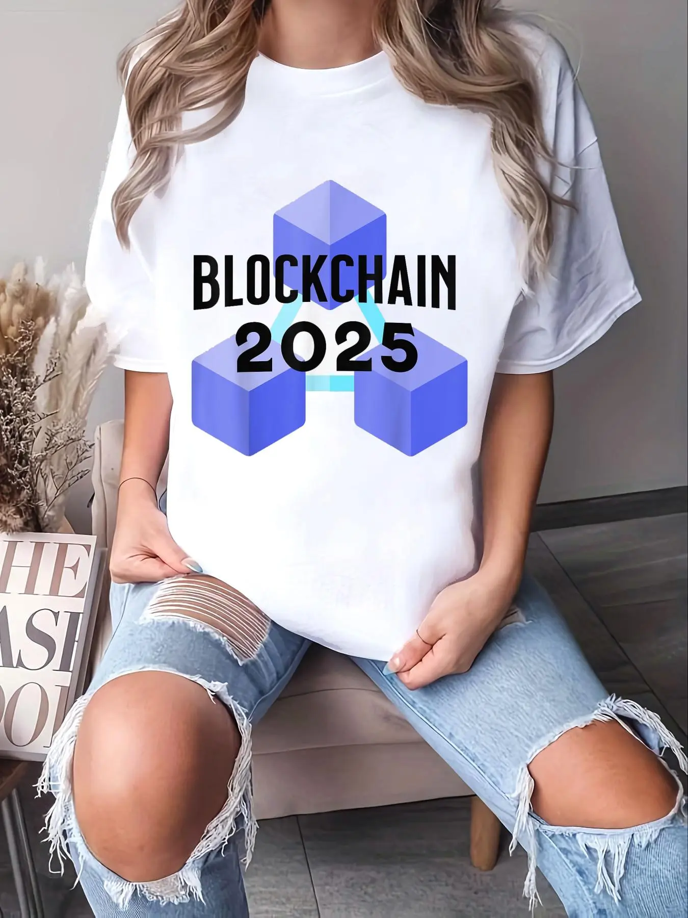Women's 100% Cotton Short-Sleeve Round Neck Super Soft Unisex Loose-Fit Casual T-Shirt with Bitcoin Crypto Graphic Print - Layering Top for Party, All Seasons, Super Soft Wash, Tumble Dry, Cold Wash, Do Not Bleach, Large