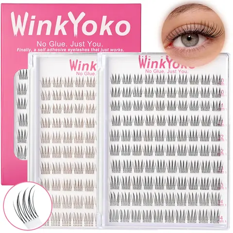 Self Adhesive Natural Lash Clusters-Idol Styles, WinkYoko Pre-Glued Cluster Lashes for Adults, Super Soft, Ultra-Thin Invisible Band, C Curl 10-14mm Aurora No-Glue Natural DIY Lash Extension, Wispy Press-On Lash Cluster, Beginner Friendly Daily Makeup