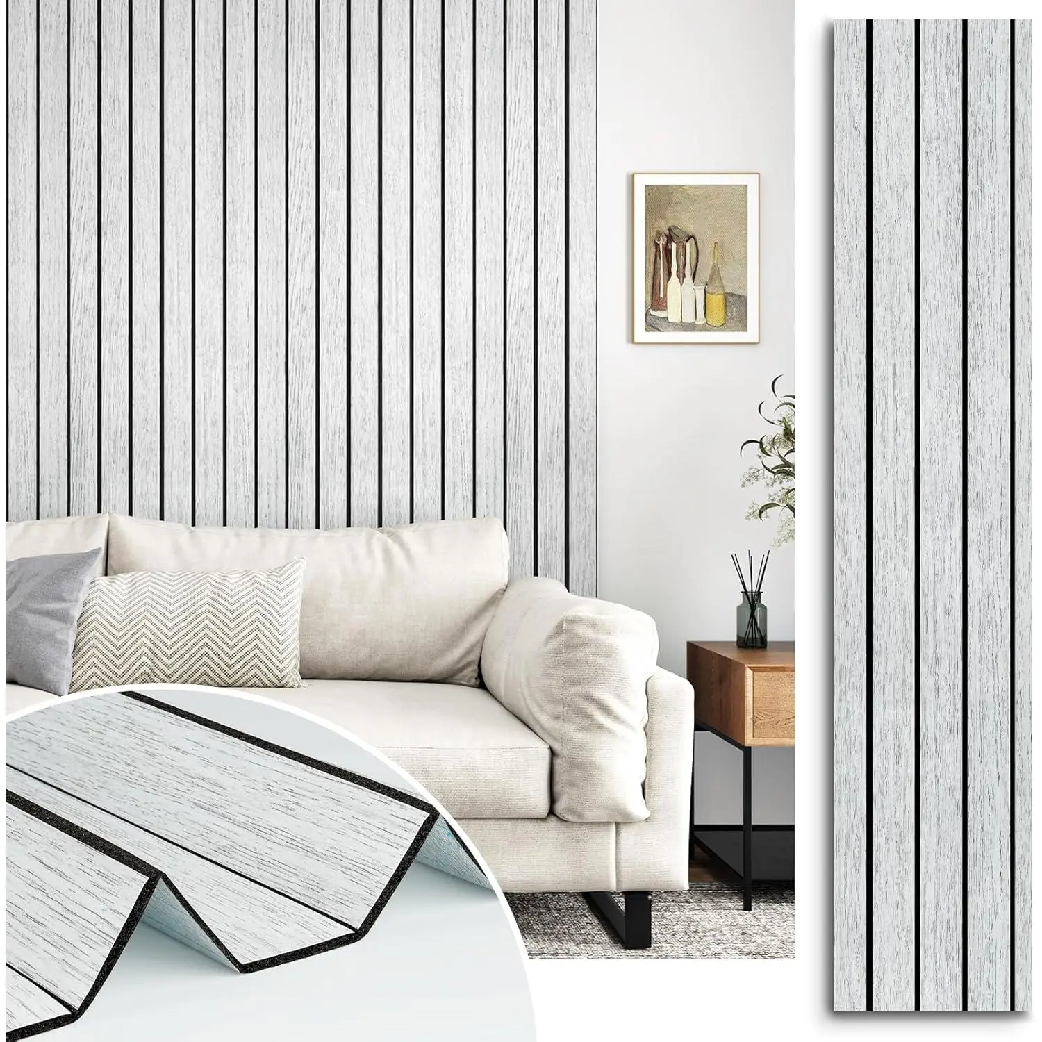 White/Grey   Slat Panels for Walls Peel and Stick PVC Slat Wall Paneling Soundproof Self Adhesive Faux Wooden Slatted Panel for Wall Decor Interior Living Room Bedroom 118"x 11.8"