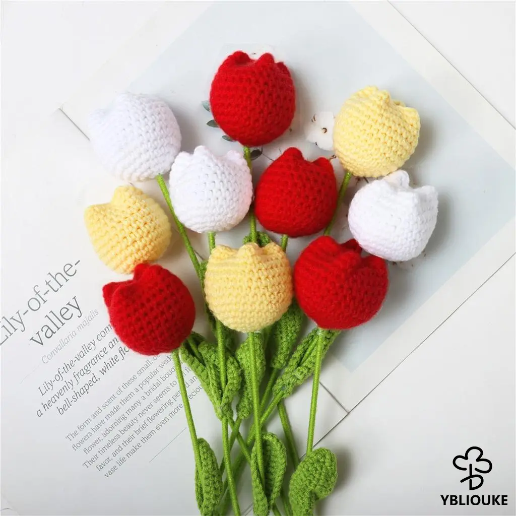 3/6PCS Crochet Tulip Flower 12.99 Inch Knitted Handmade Tulip Flowers Cotton Knitted Flowers for Indoor Outdoor Home Kitchen Office Table Garden Decorations.