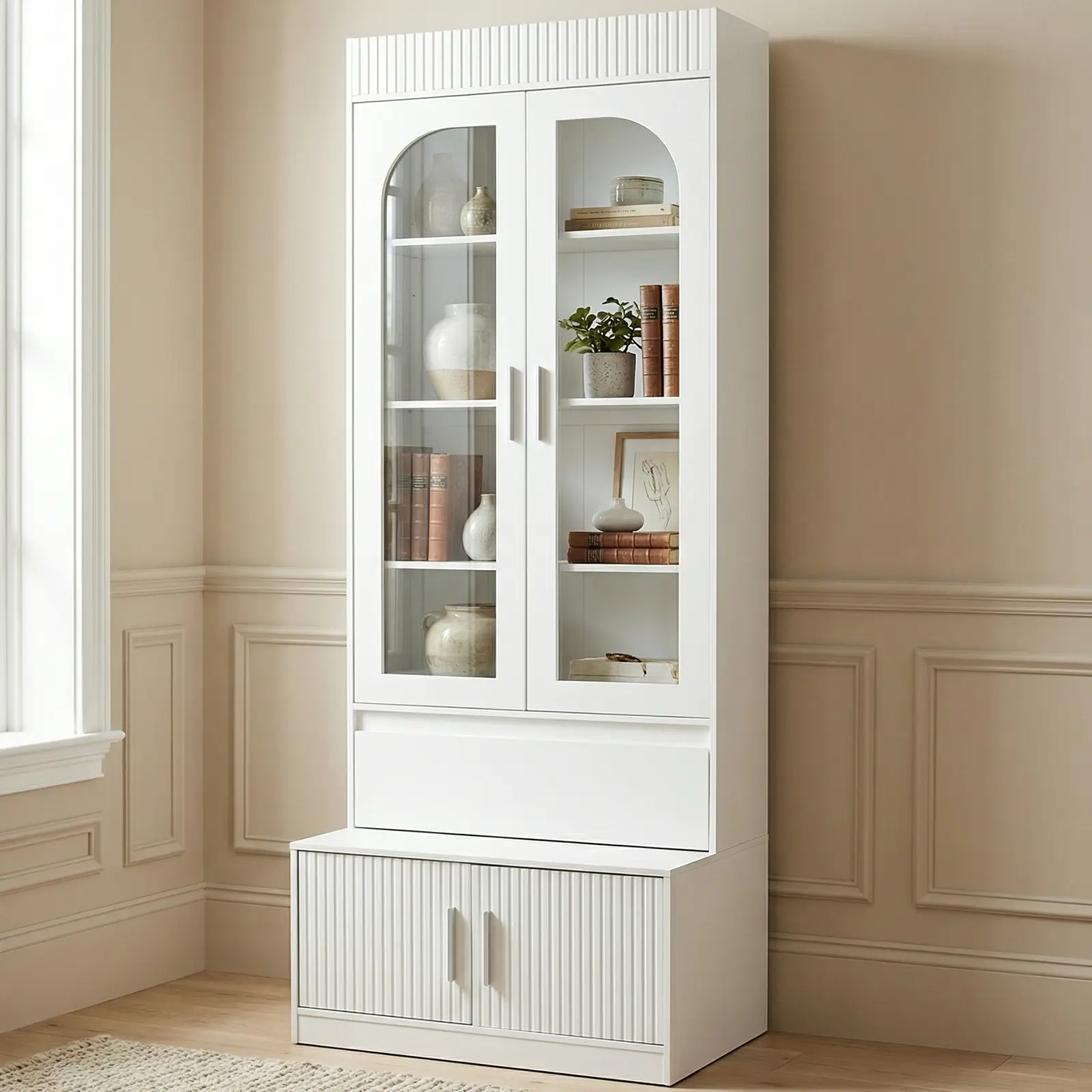 Loomie 78.7" Tall Bookcase with Glass Doors, Drawer, Bottom Cabinet & Top Storage Compartment, 4-Tier Bookshelf Display Cabinet for Living Room Study Home Office