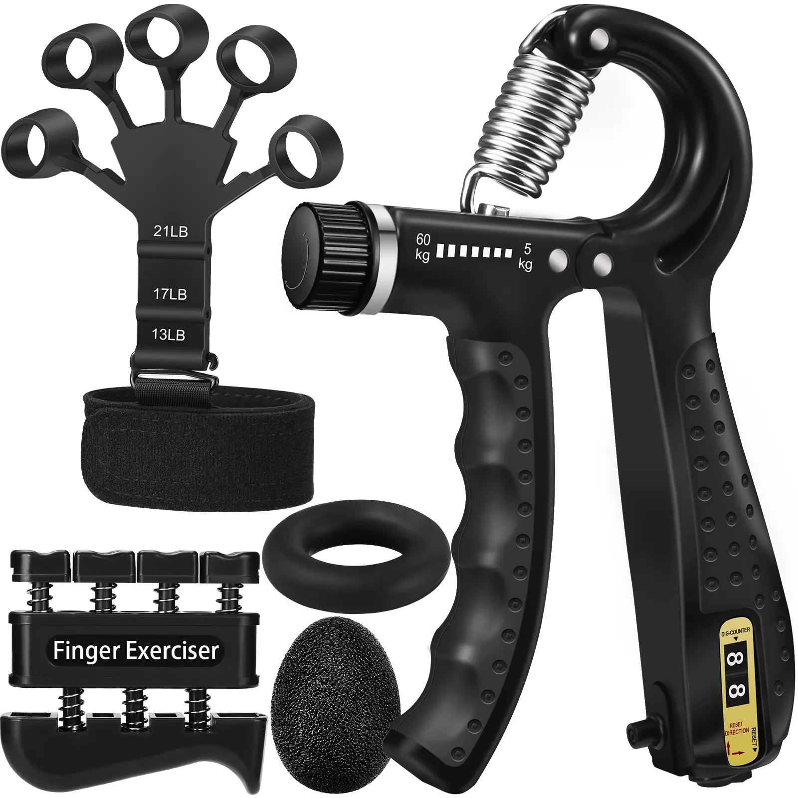5-in-1 Hand Grip Strengthener Kit | Adjustable Forearm Strengthener, Finger Exerciser, Stress Relief Ball, Hand Workout Ring for Gym Muscle Building, Recovery, Men’s Gifts, Fitness Equipment, Gym Stuff