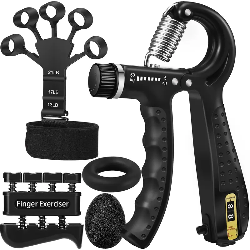 Hand Grip Strengthener Kit (5-in-1) | Grip Strength Trainer with Finger Exerciser, Forearm Strengthener, Stress Relief Ball & Hand Workout Ring for Muscle Building, Recovery & Therapy forearm exerciser adjustable