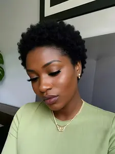 PIXIE wig natural black color 150% Denisty pixie cut human hair wigs short afro curly  pixie wig for women daily party cosplay use wig machine made Natural Looking Wig