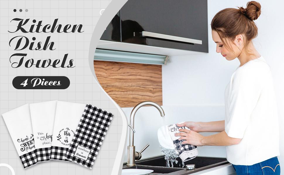 4 Pcs Buffalo Plaid Kitchen Towels Farmhouse Hand Tea Towels Absorbent Quick Dry Buffalo Check Kitchen Dish Cloths Cleaning Cloth for Summer Home Supplies Gifts(White and Black,Plaid Style)