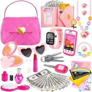 Mothers Day Gifts Kids Play Purse for Little Girls Toddlers, Toy Purse with Accessories, Wallet, Fake Phone, Fake Makeup Toys & Play Jewelry, Toddler Pretend Play Toys for Girls, Little Girl