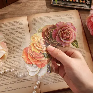 100 Vintage Floral Sticker Set with Gold Holographic Embellishments, Rose Pattern - Clear Self-Adhesive Stickers for Scrapbooking, Bullet Notebooks and Crafts