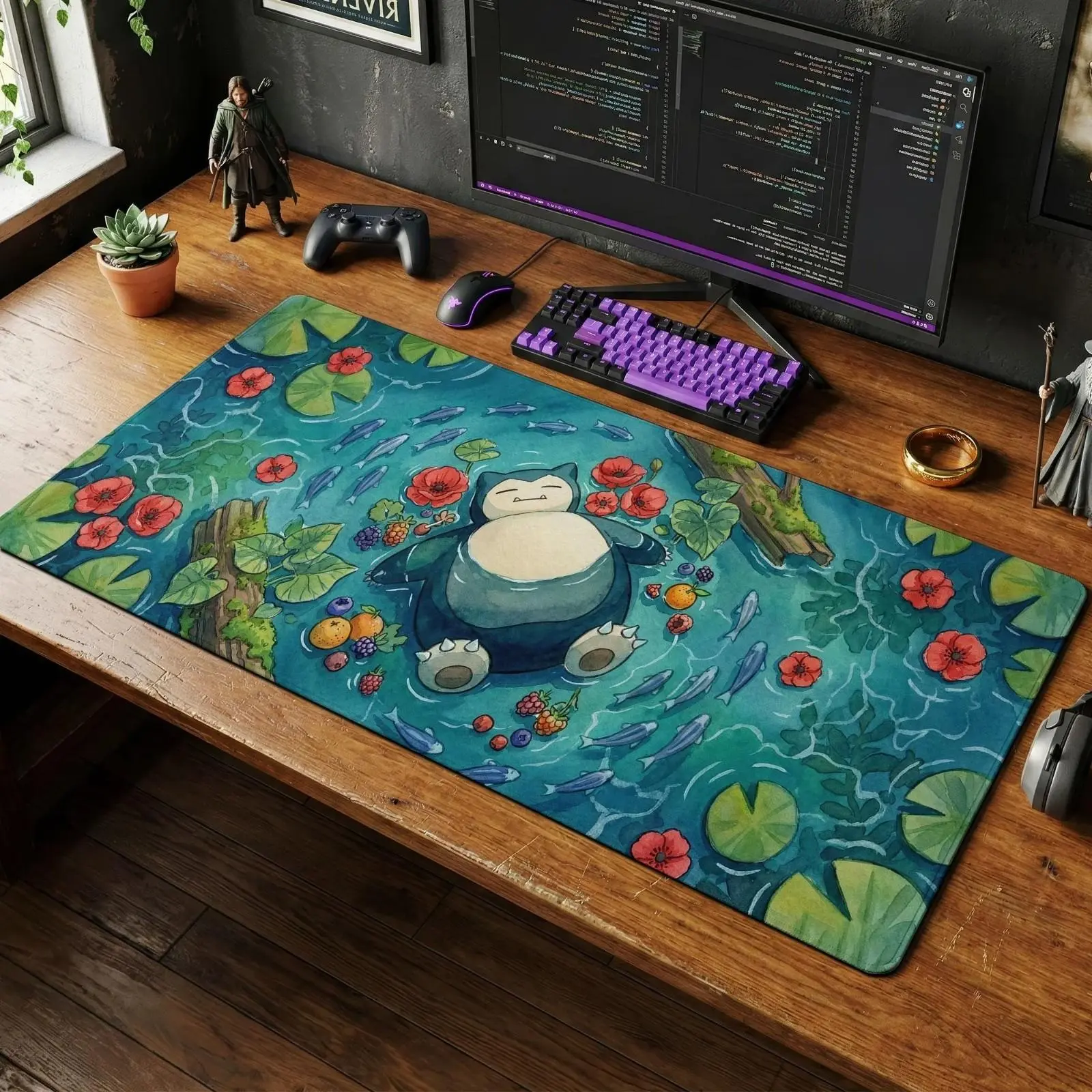 PKM Snorlax Watercolor Pond Sleeping Gaming Mouse Pad Playmat Anime Play Mat TCG, Deskmat & Mousepad