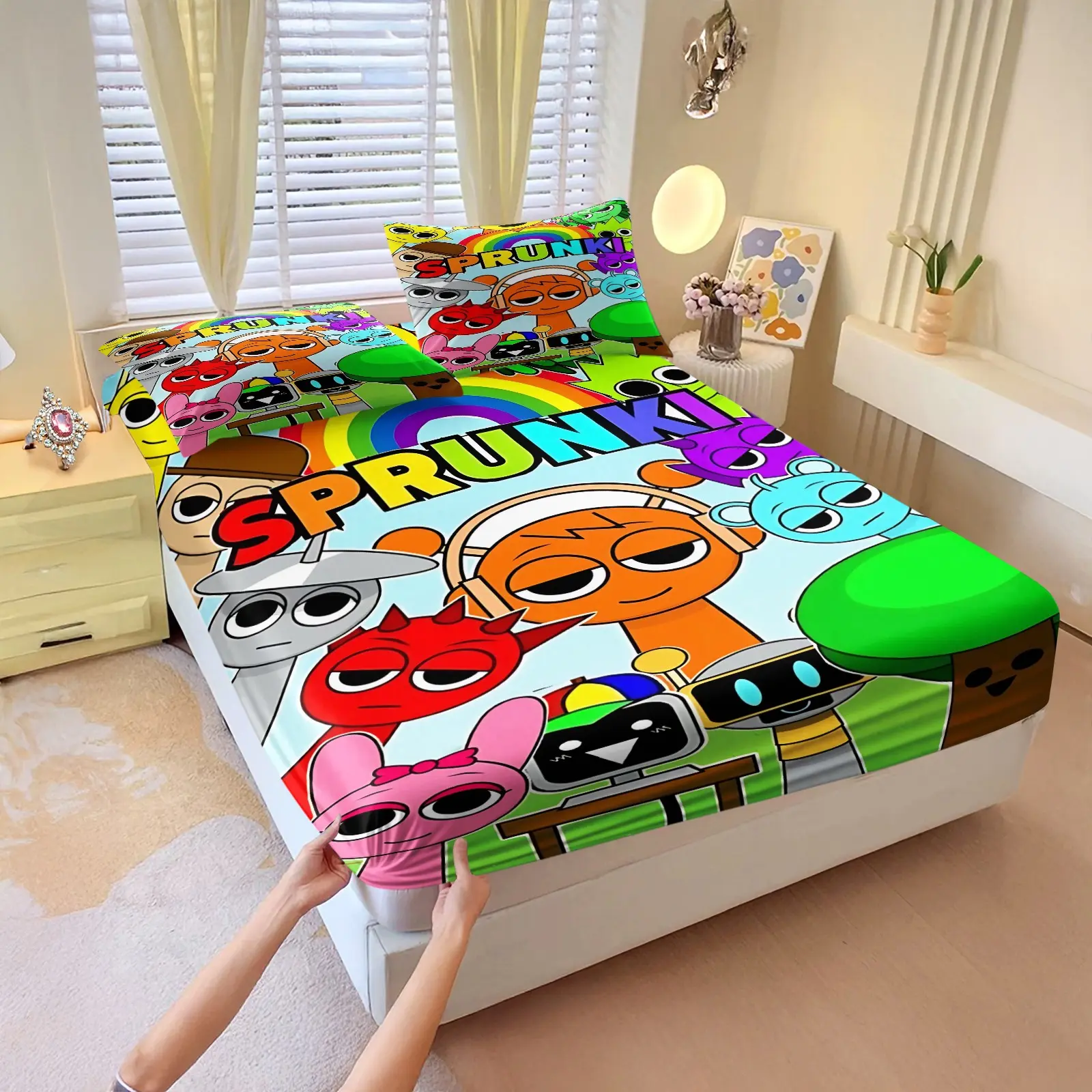 Sprunki Energetic Childlike Cartoon Printed Fitted Sheet Set, Includes 1 Fitted Sheet & 2 Pillowcases without Filler, Bright base with rainbow and cartoon characters, energetic, soft, cozy, breathable, cute and lively, Soft Bedding, Cute Bed Sheets