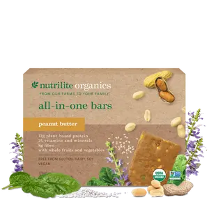 Nutrilite Organics All-in-One Bars Peanut Butter 12 Pack Vegan Protein Snack Bar with Fiber Vitamins Minerals USDA Organic Plant-Based Dairy-Free Gluten-Free