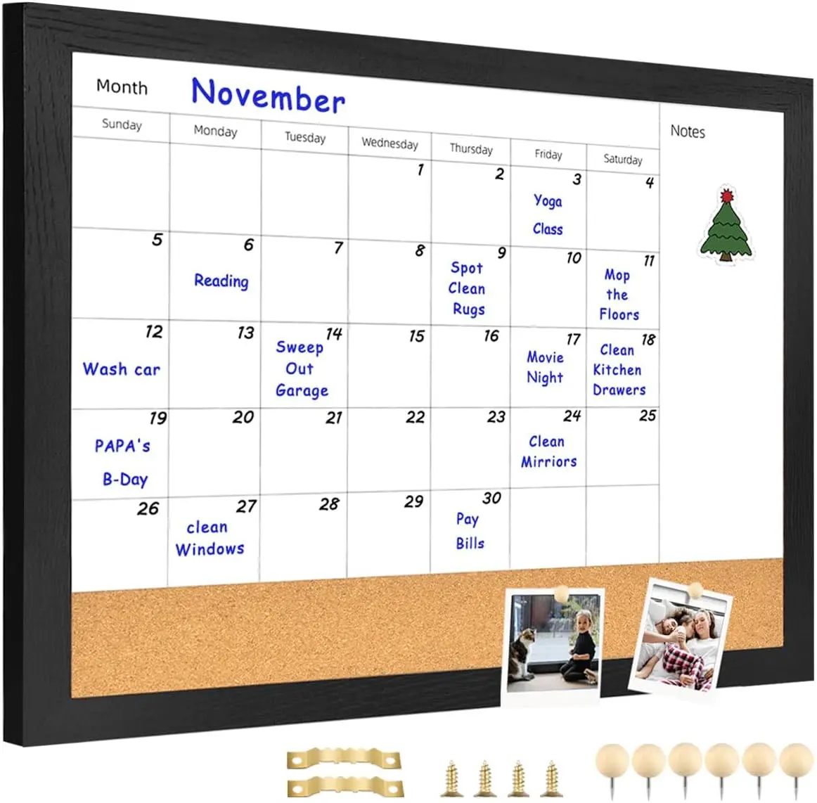 Monthly Calendar Dry Erase White Board & Cork Bulletin Board13" x 17" Black  FrameMagnetic Surface Whiteboard. for Organizing Your Space.Whiteboard+Cork-3343B-BK