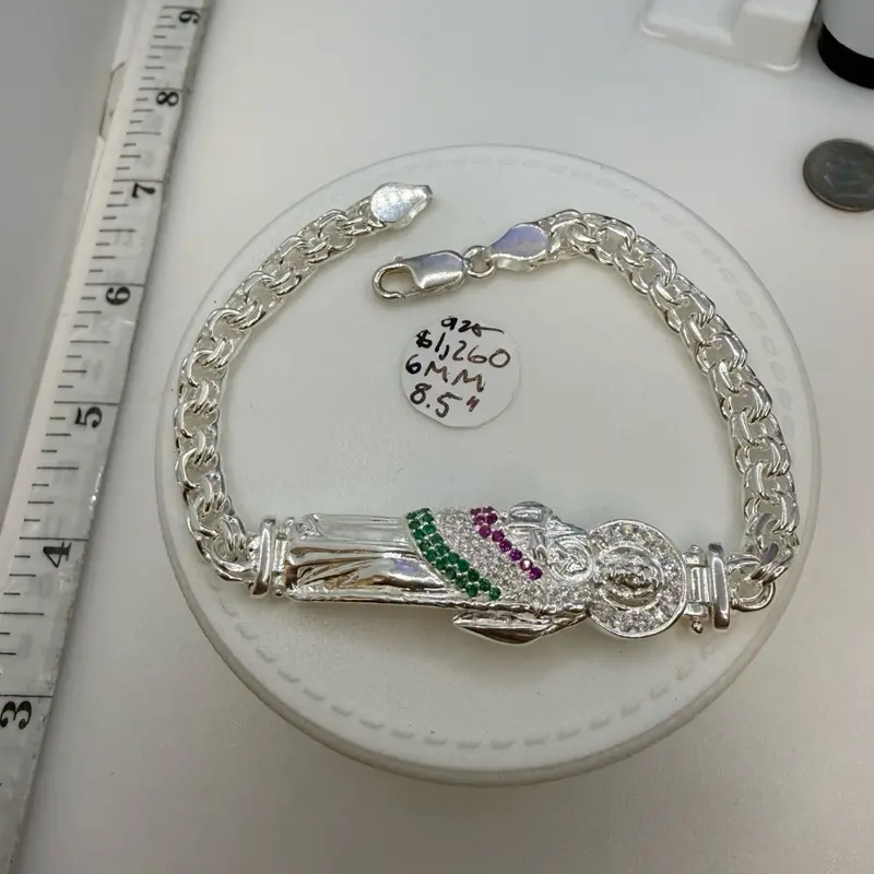 925 sterling silver 8.5” chino link bracelet solid mexican silver high quality hand made cubic zirconia stones 6mm )) pulcera de plata Mexicana 8.5” solido 6mm de grosor tejido chino es solido piedras de zirconia
