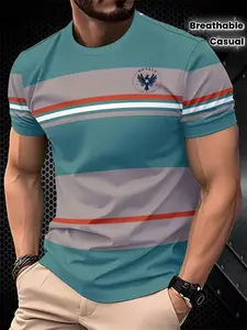 Men's Summer 3D Print Round Neck T-Shirt, Digital Stripe Geometric Pattern, Casual Comfortable Short Sleeve Top, Polyester Knit Fabric