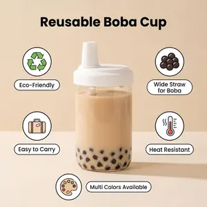 Reusable Milk Tea Cup with Pearl Straw, Convenient Portable Heat-Resistant Plastic Cup for Home Use, Eco-Friendly and Simple Design, Mug
