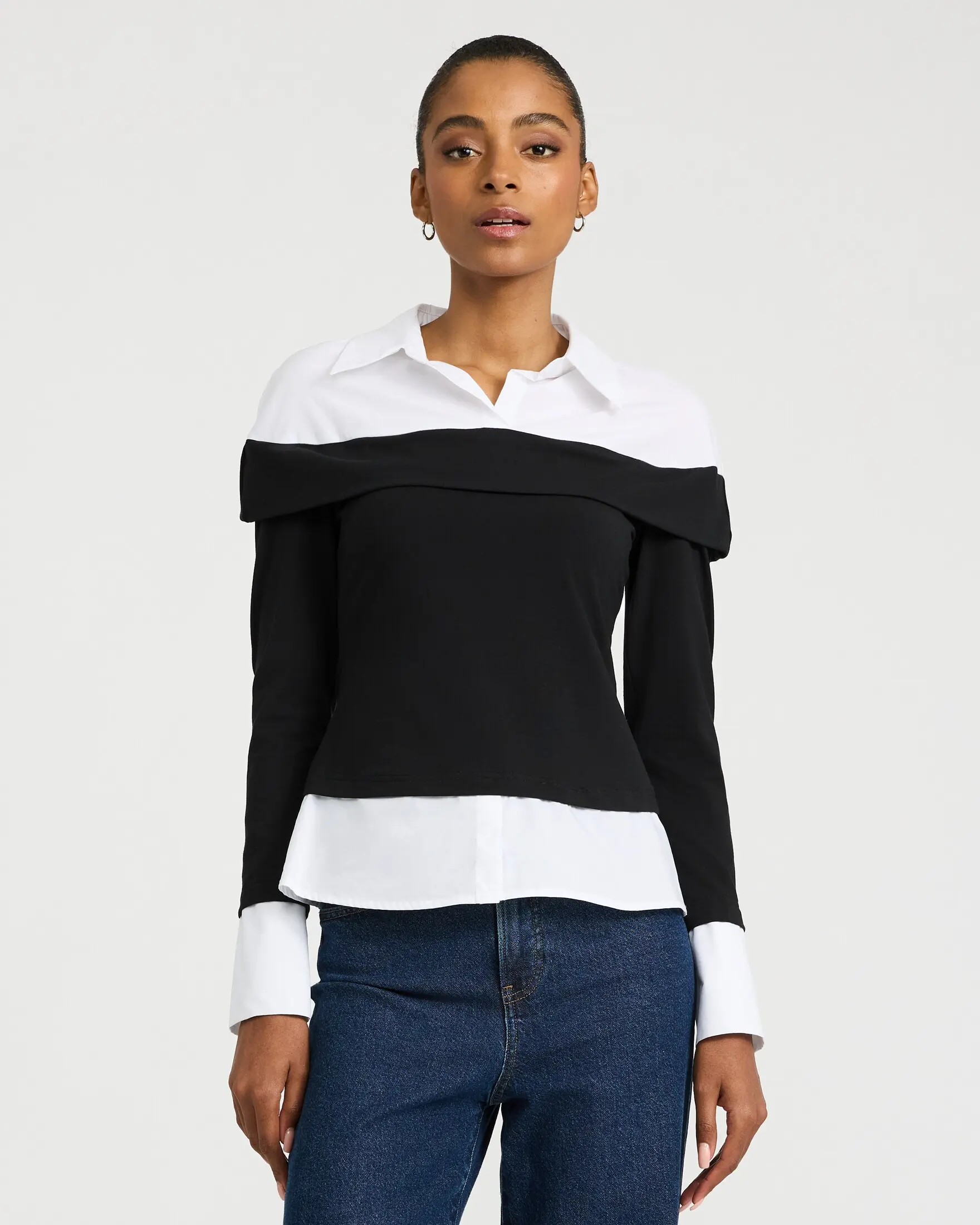 Express Layered Collared Long Sleeve Top in Stretch Cotton