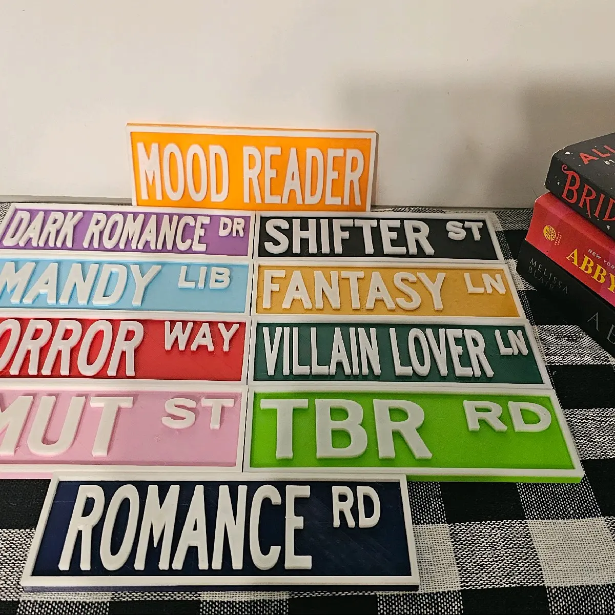 Bookshelf Street Sign Decor - Colorful Street Signs for Home Decor with "MOOD READER" and "ROMANCE RD" Signs