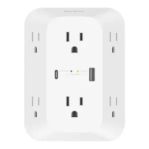 Belkin 6-Outlet Surge Protector Wall Adapter, Charge 8 devices at once: 6 AC outlets, 1 USB-A port, 1 USB-C port, UL 1440 certified , Compact, Overvoltage Protection, LED Indicator, High Quality and Extensive Durability, USB Charging Station.