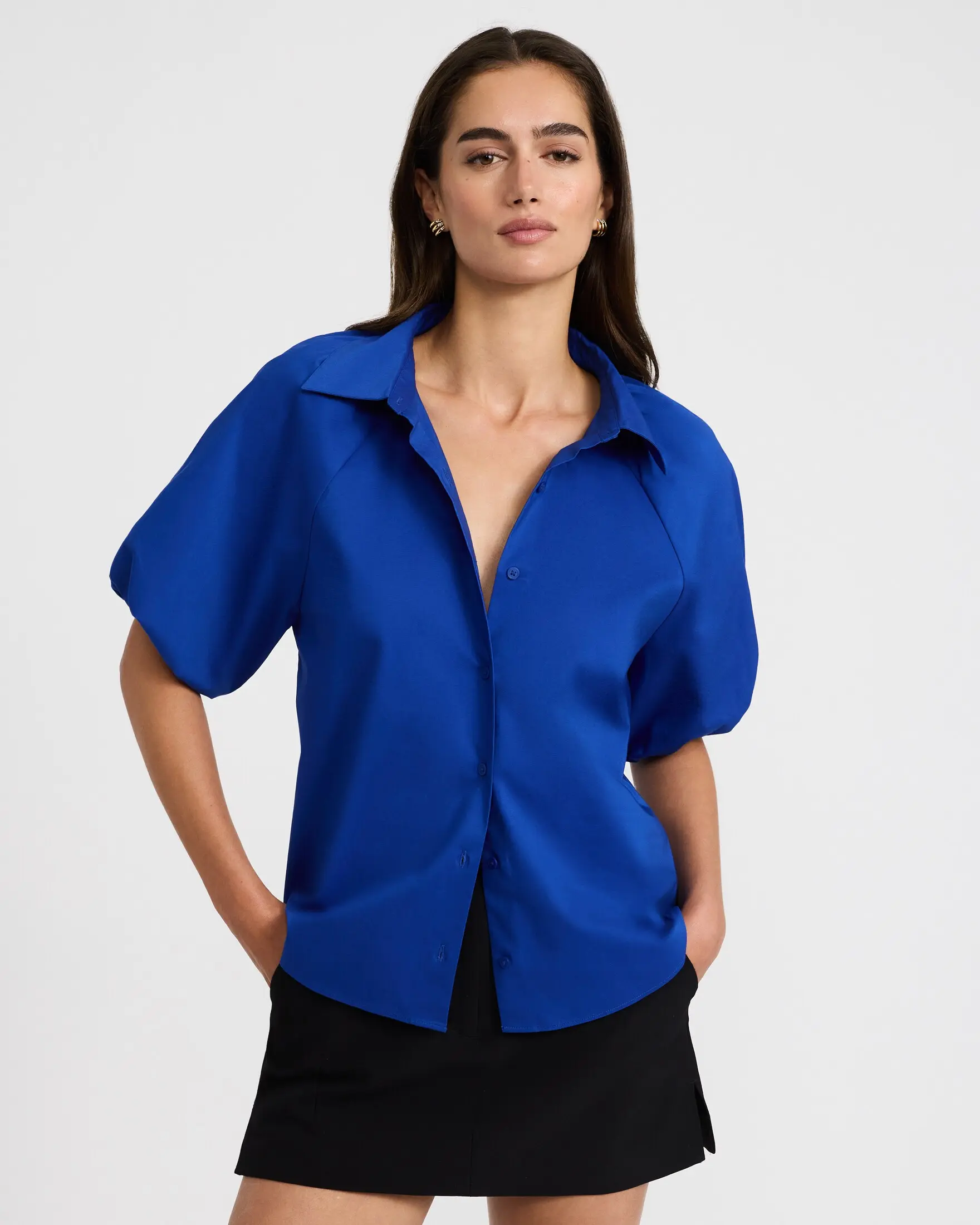 Express Stretch Cotton Poplin Puff Sleeve Shirt, Spandex, Blouse