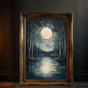 Mystical Forest Moonlight Wall Art, Aesthetic Decor Autumn Vibes Dark Academia Art Printable, Enchanted Night Landscape, Unframe